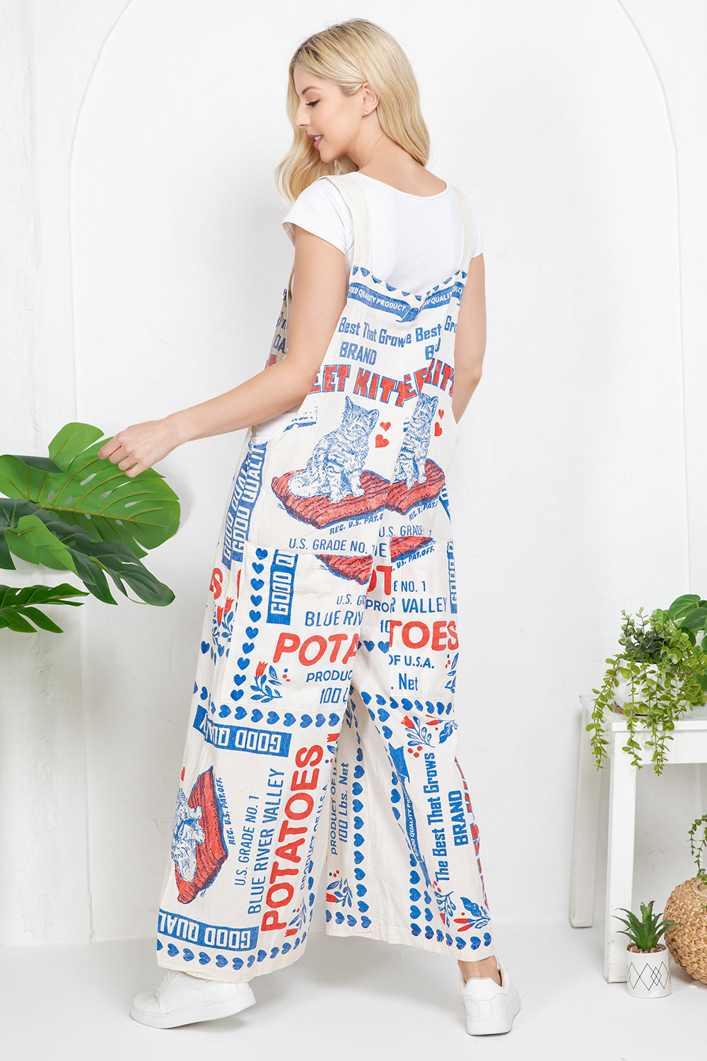 Sweet Kitten Retro Potato Print Overall