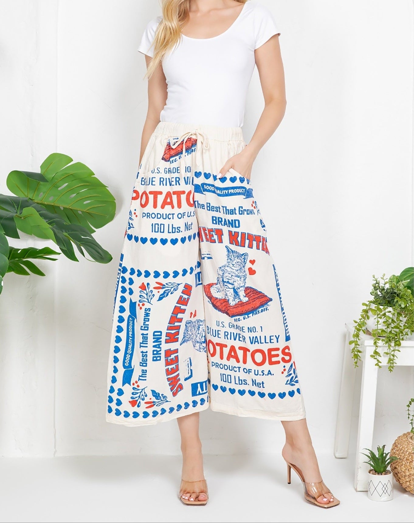 Sweet Kitten Retro Potato Print Wide Leg Pant