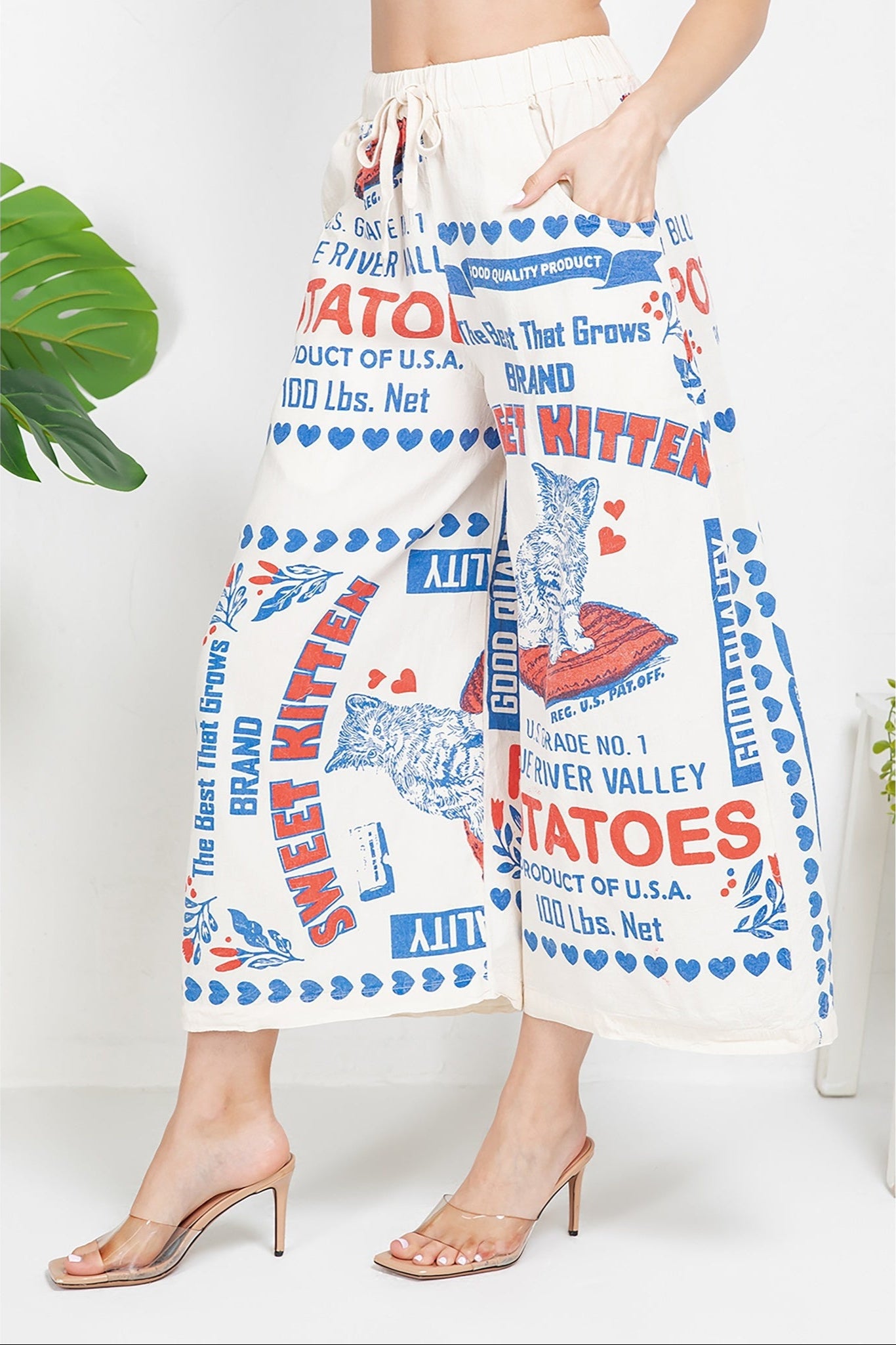 Sweet Kitten Retro Potato Print Wide Leg Pant