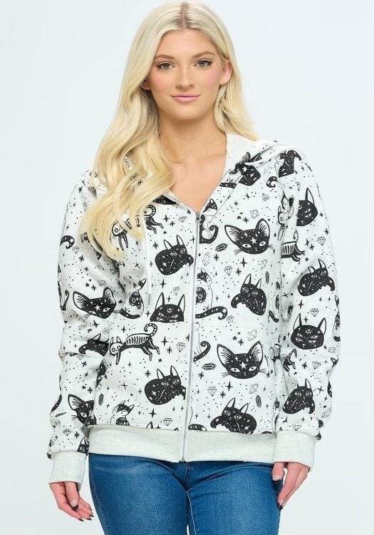 Mystical Cat Print Zipper Hoodie