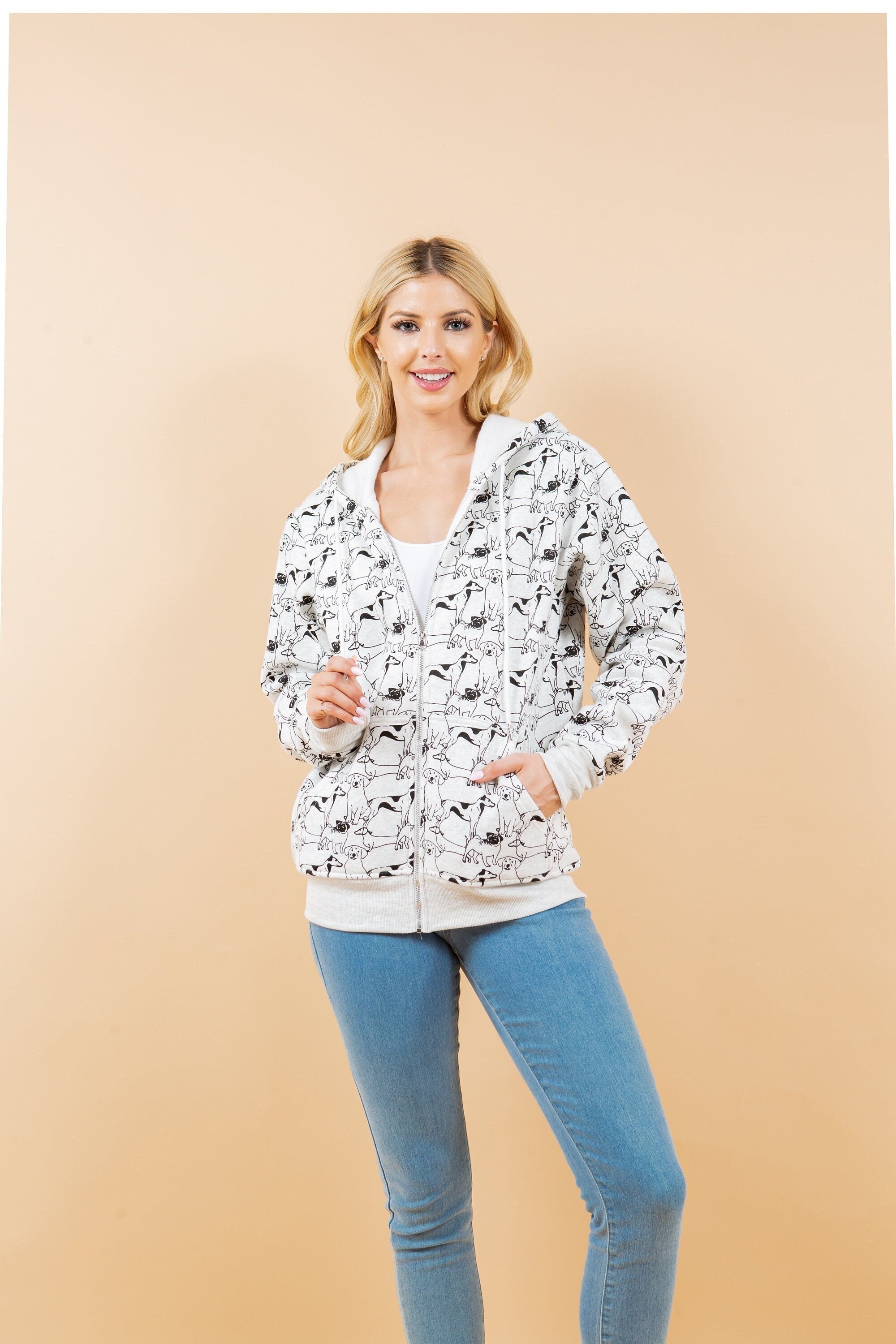 Dog Print Zipper Hoodie