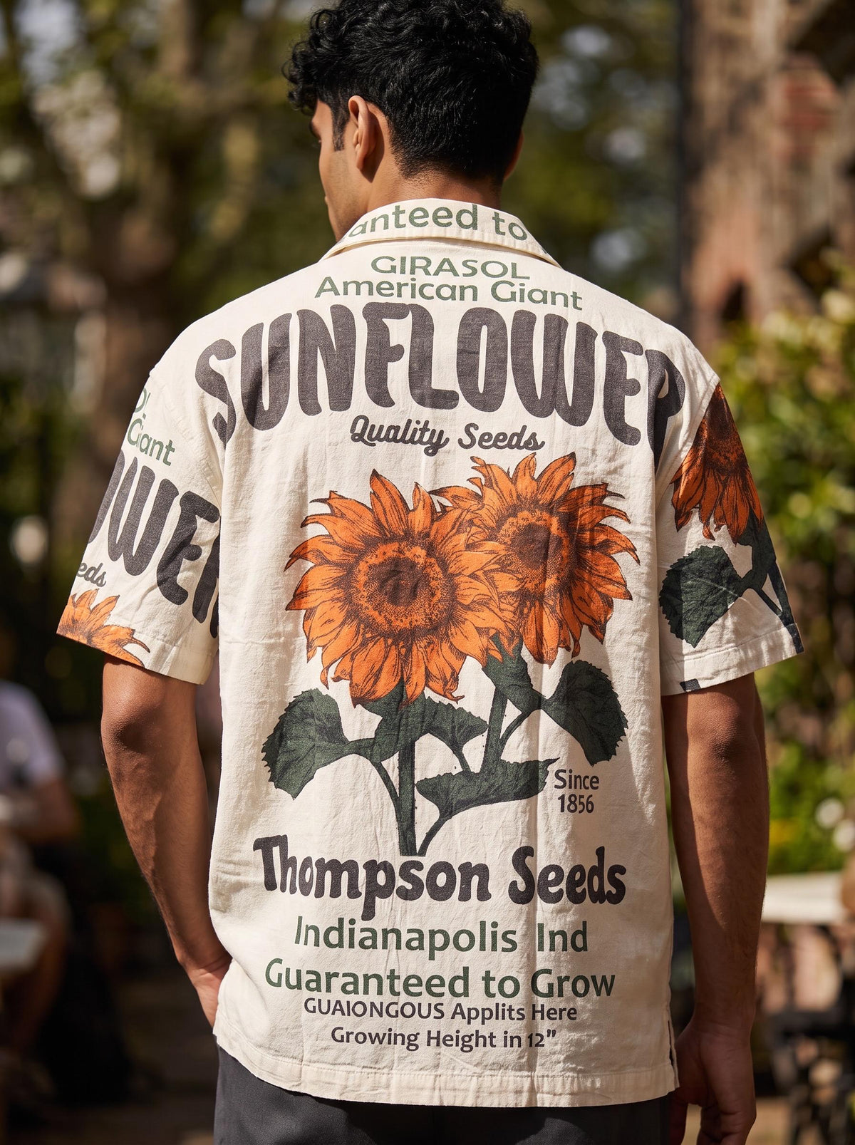 UNISEX Sunflower Seeds Vintage FeedSack Print Short Sleeve Button-Down Shirt – 100% Cotton (M / L / XL)