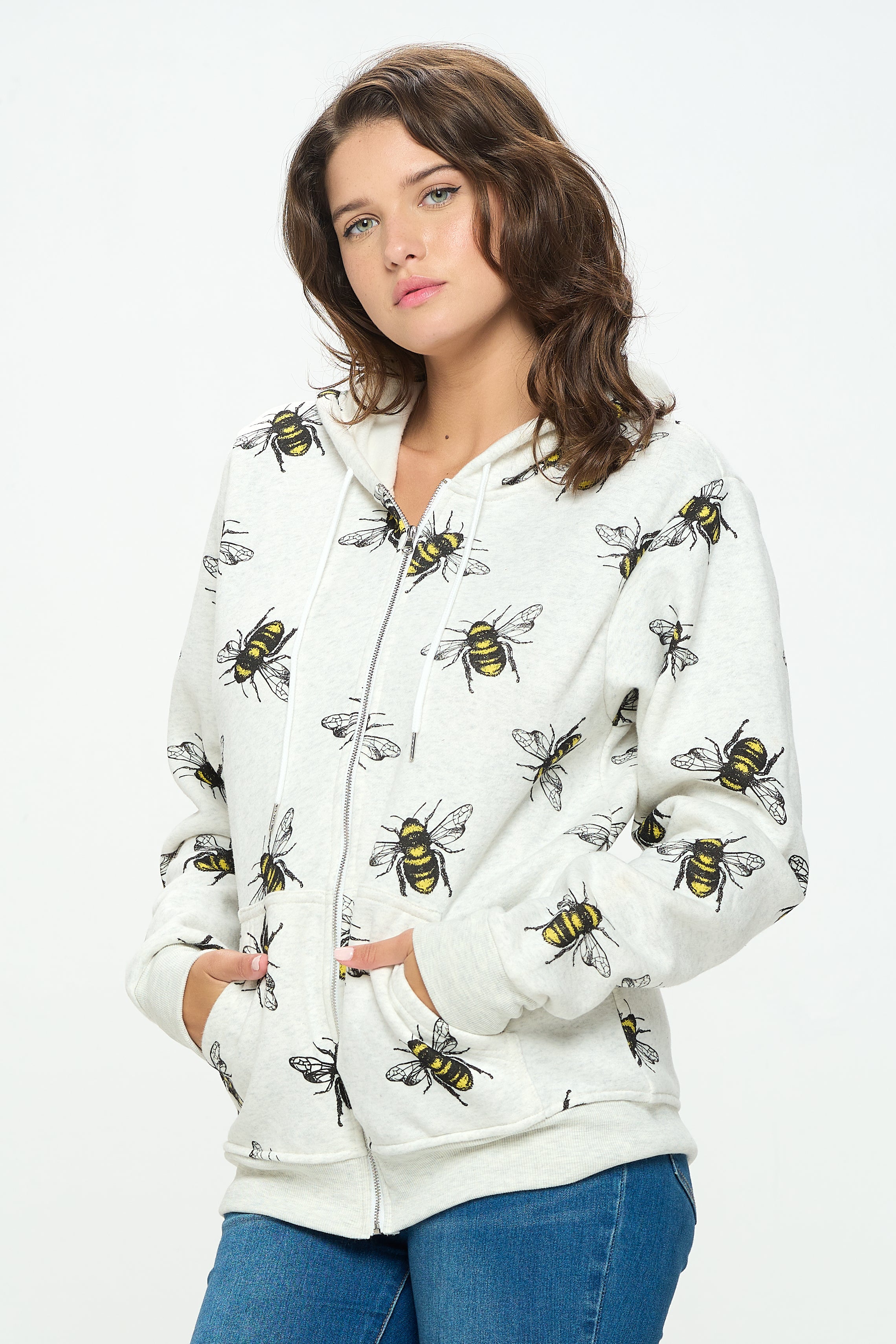 Bees Print Zipper Hoodie