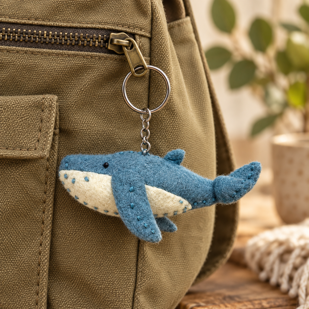 Handmade felt Babyblue Whale keychain displayed on a bag