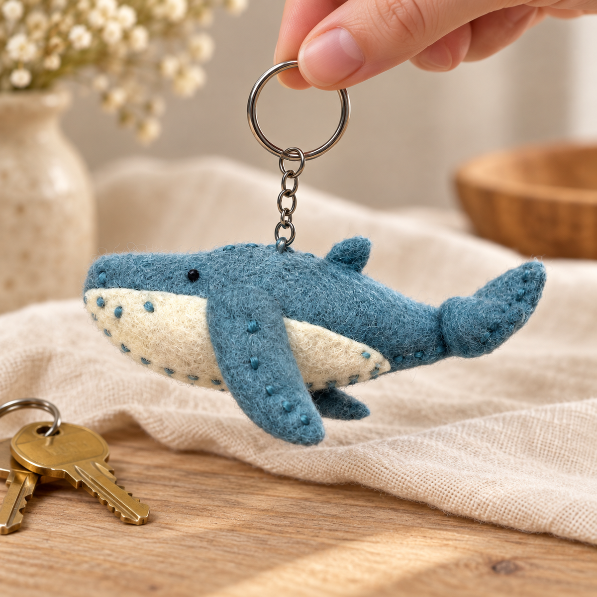 Handmade felt Babyblue Whale keychain shown in a lifestyle setting