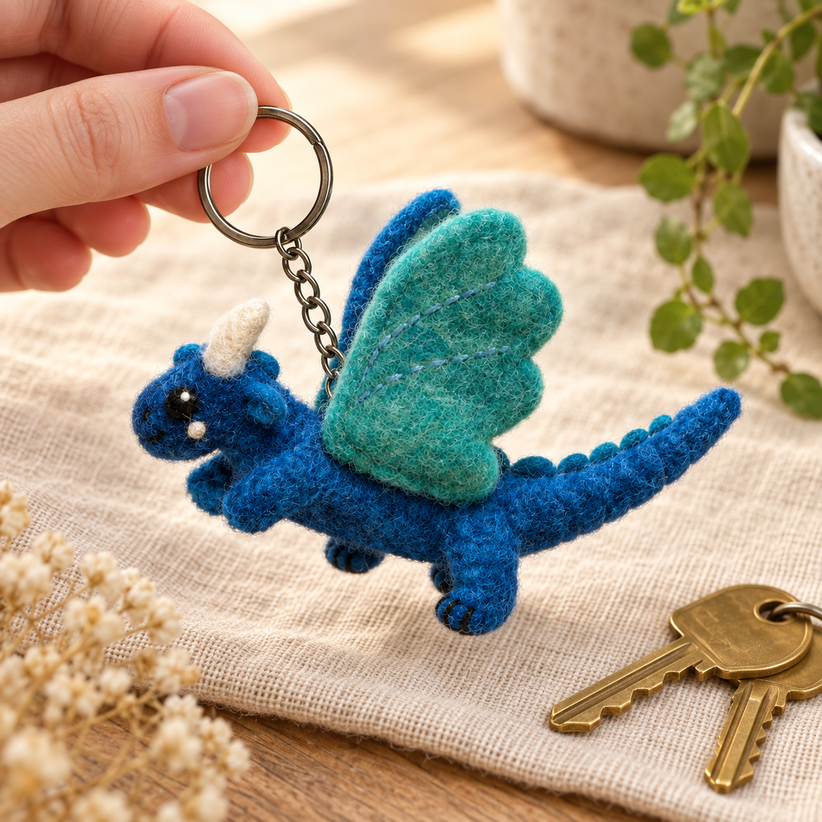 Handmade felt Blue Dragon keychain shown in a lifestyle setting