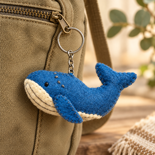 Handmade felt Blue Whale keychain displayed on a bag