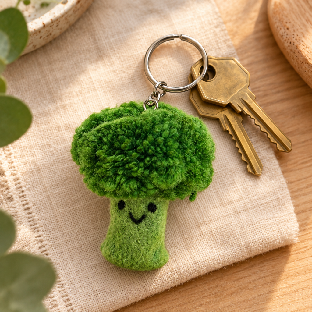 Handmade felt Broccoli keychain shown in a lifestyle setting