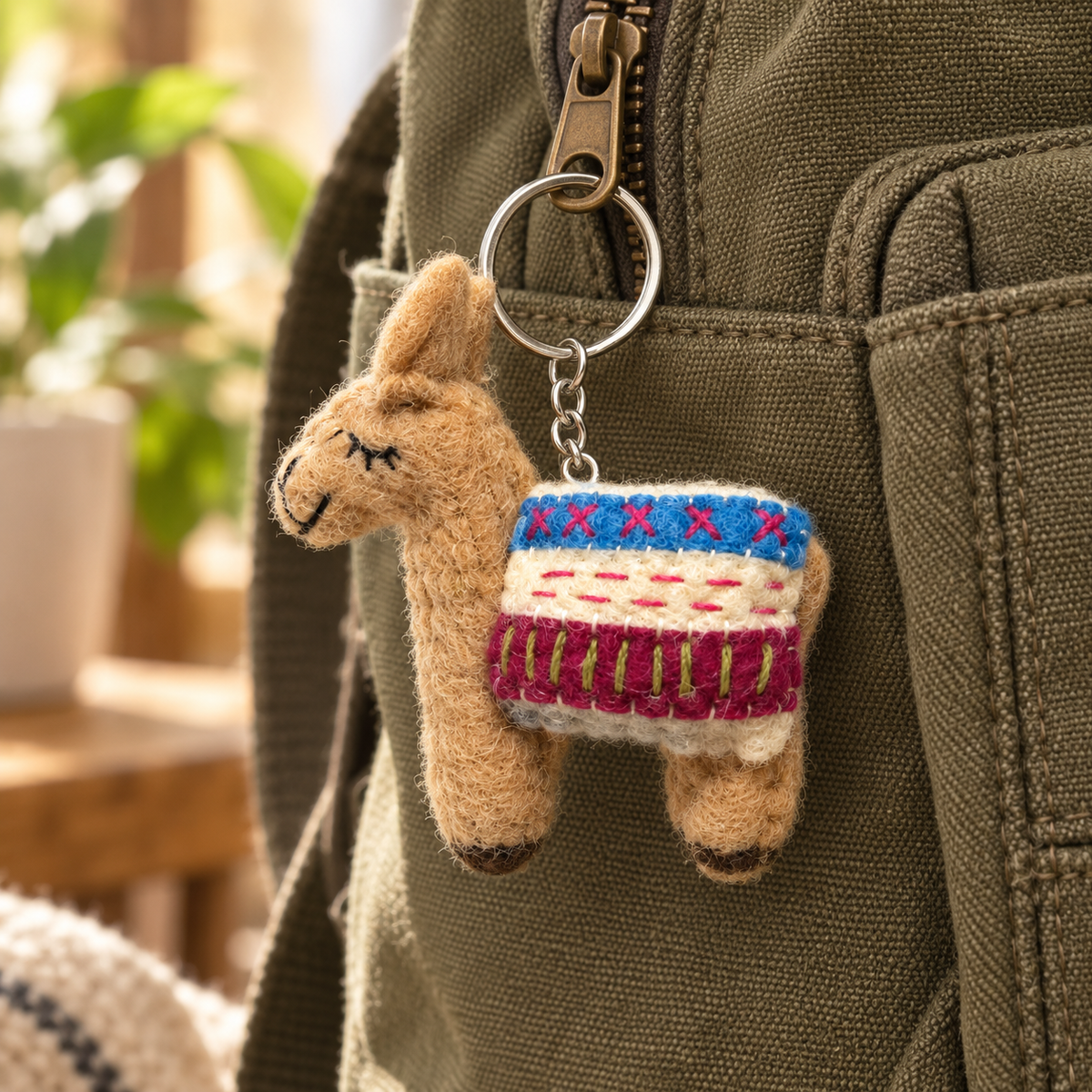 Handmade felt Brown Llama keychain displayed on a bag