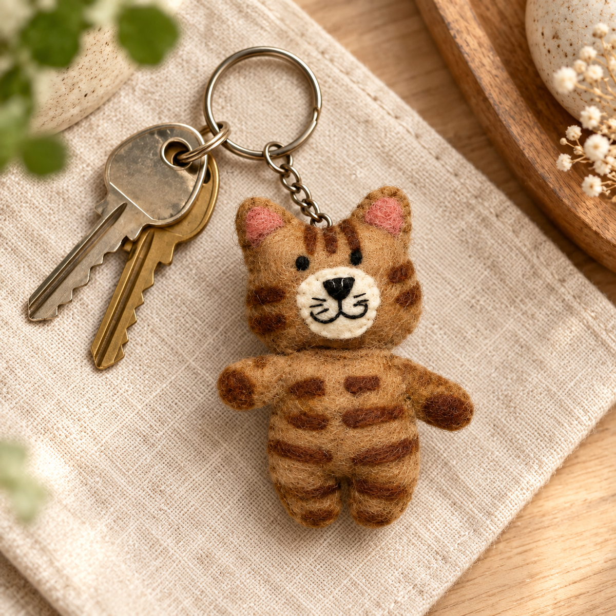 Handmade felt Brown Striped Paw keychain shown in a lifestyle setting