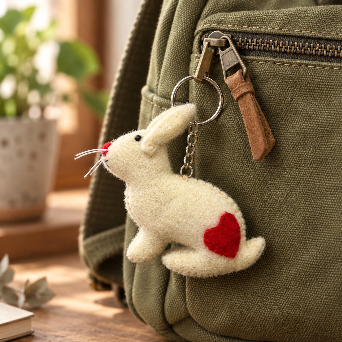 Handmade felt Bunny keychain displayed on a bag
