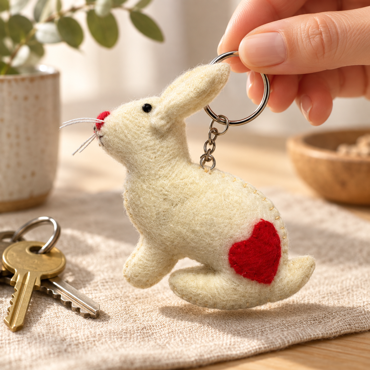 Handmade felt Bunny keychain shown in a lifestyle setting