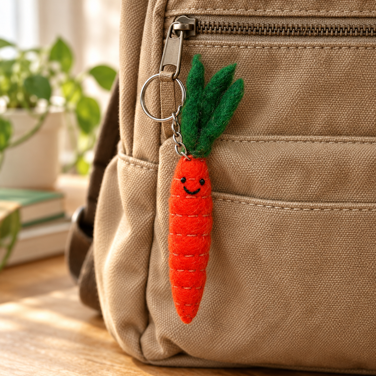 Handmade felt Carrot keychain displayed on a bag