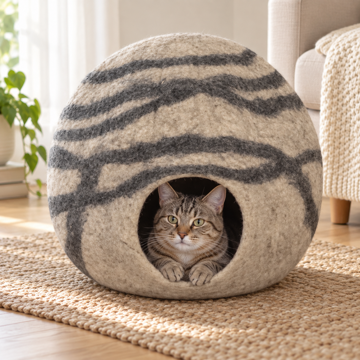 Cream & Gray Striped felt cat cave with cat inside