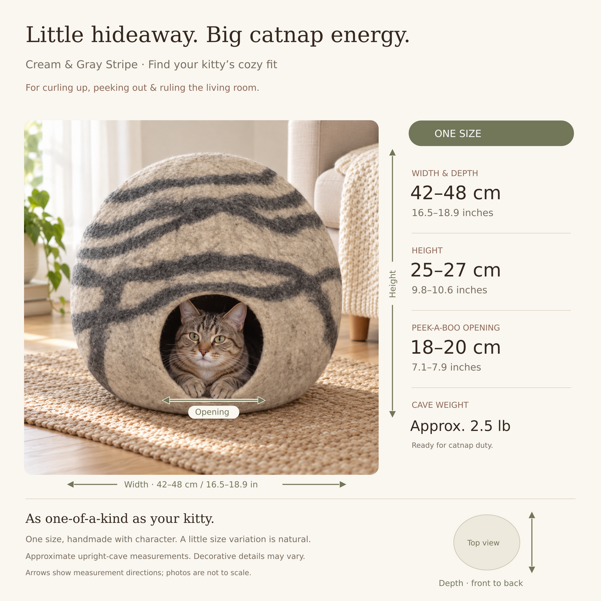 Cream & Gray Striped cat cave measurement guide