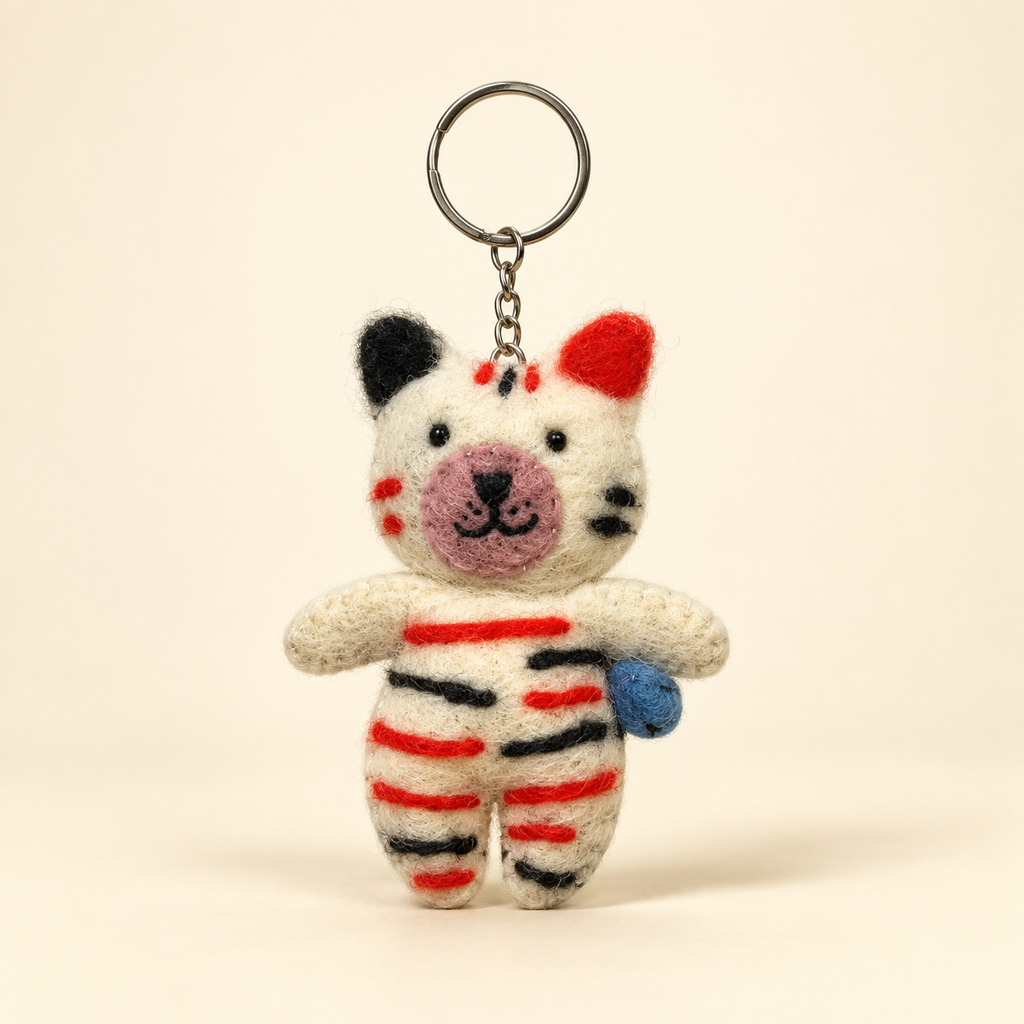 Handmade felt striped paw white keychain