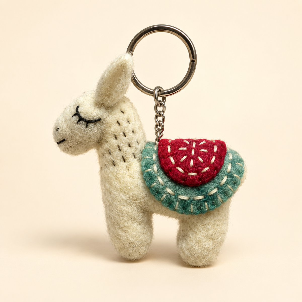 Handmade felt white blue llama keychain