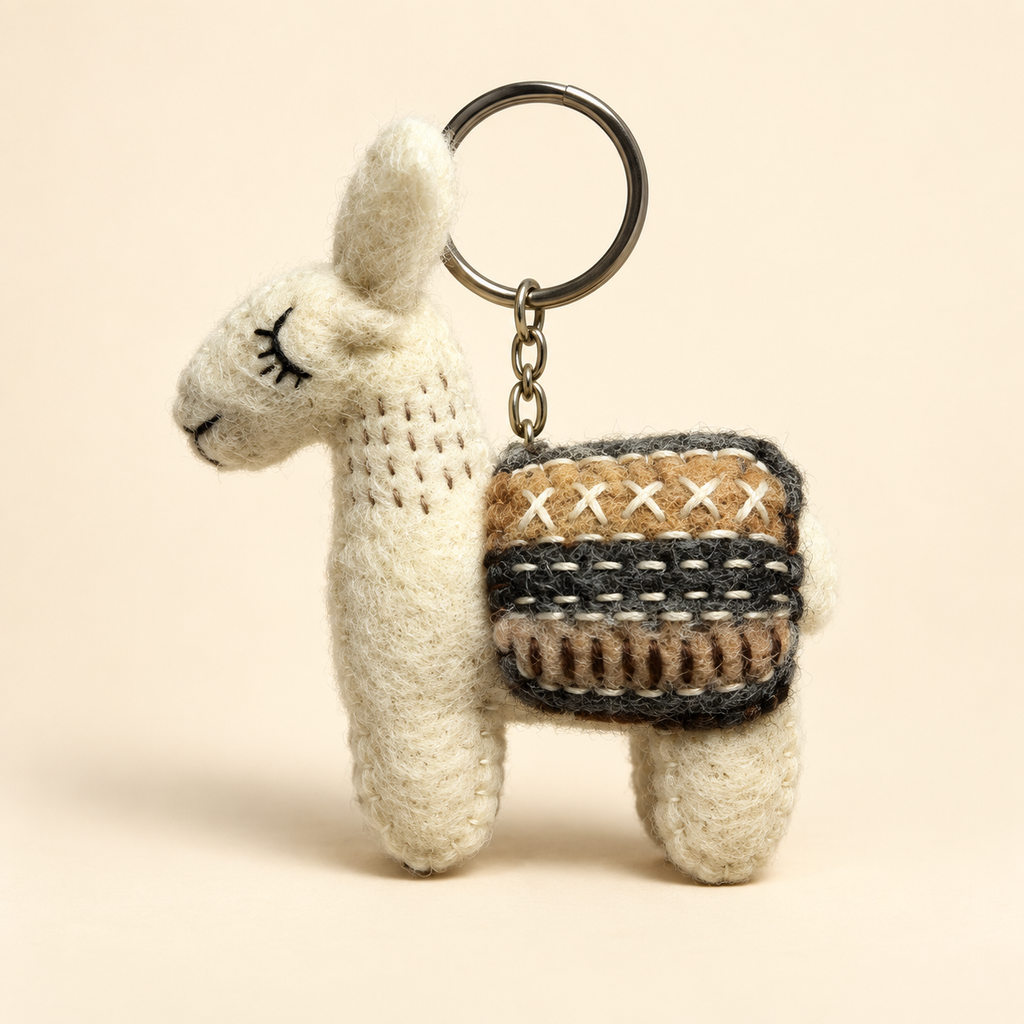 Handmade felt white brown llama keychain