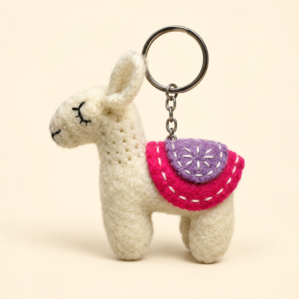 Handmade felt white pink llama keychain