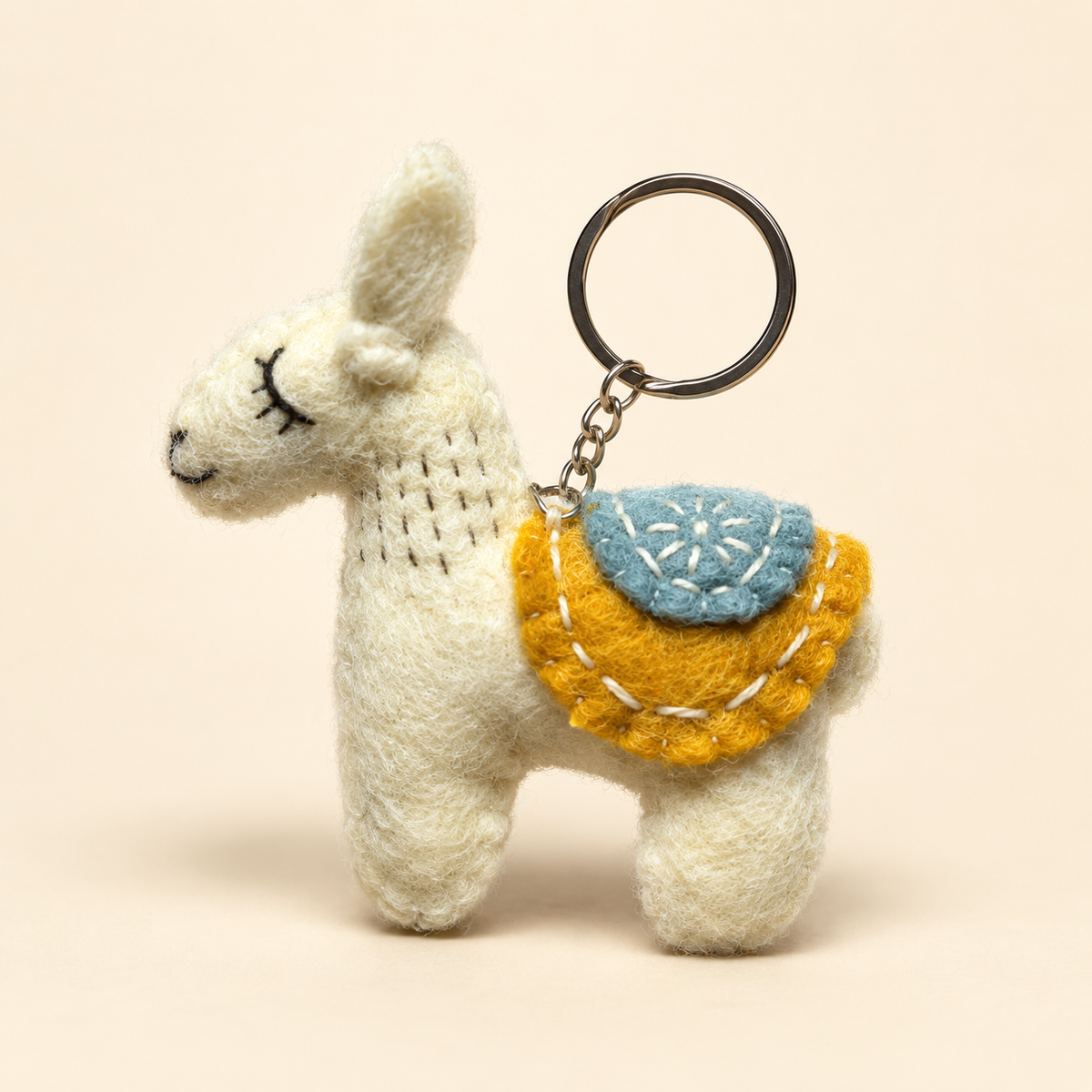 Handmade felt white yellow llama keychain