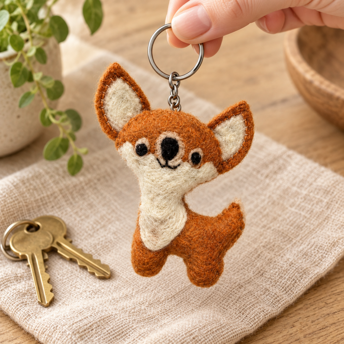 Handmade felt Fox keychain shown in a lifestyle setting
