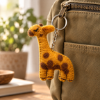 Handmade felt Giraffe keychain displayed on a bag