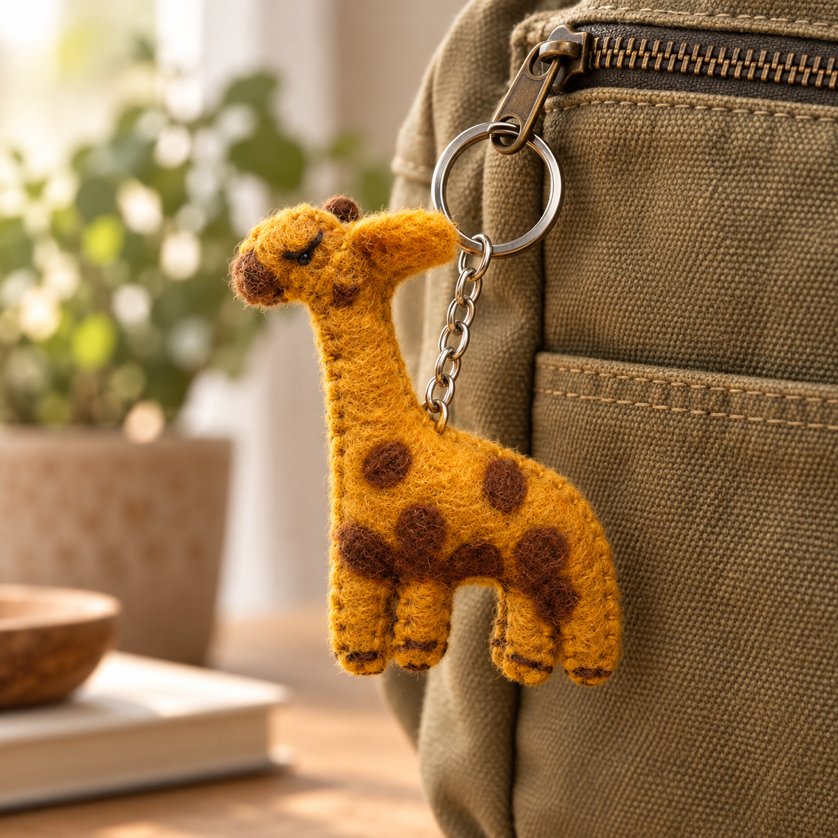 Handmade felt Giraffe keychain displayed on a bag
