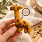 Handmade felt Giraffe keychain shown in a lifestyle setting