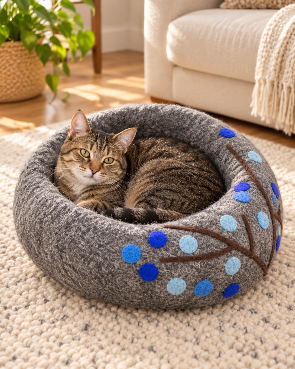 Gray & Blue Tree felt cat cave — folded padded bed with cat