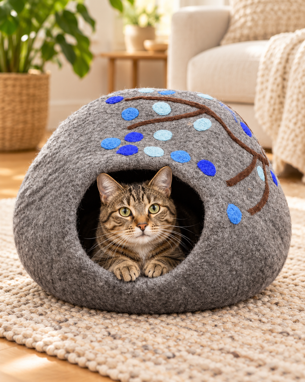 Gray & Blue Tree felt cat cave — cat inside upright cave