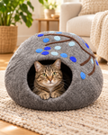 Gray & Blue Tree felt cat cave — cat inside upright cave