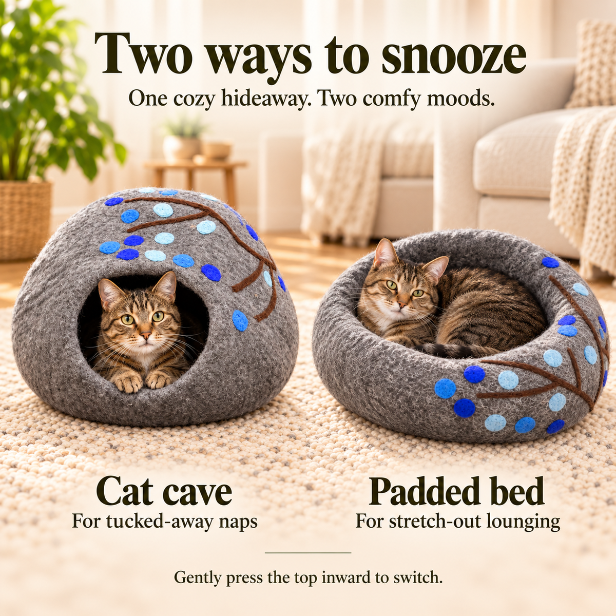 Gray & Blue Tree felt cat cave — two ways to use: cat cave and padded bed