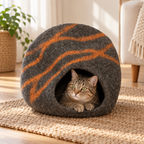 Gray & Orange Striped felt cat cave with cat inside