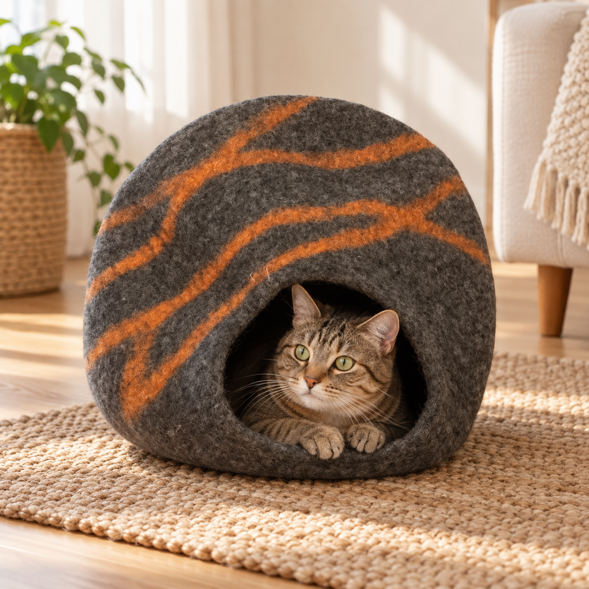 Gray & Orange Striped felt cat cave with cat inside