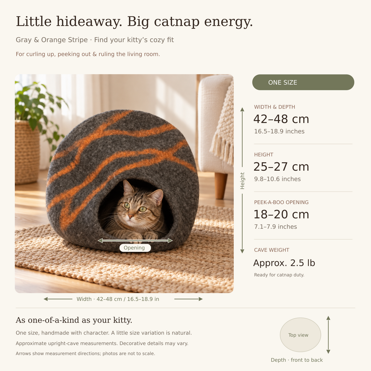 Gray & Orange Striped cat cave measurement guide
