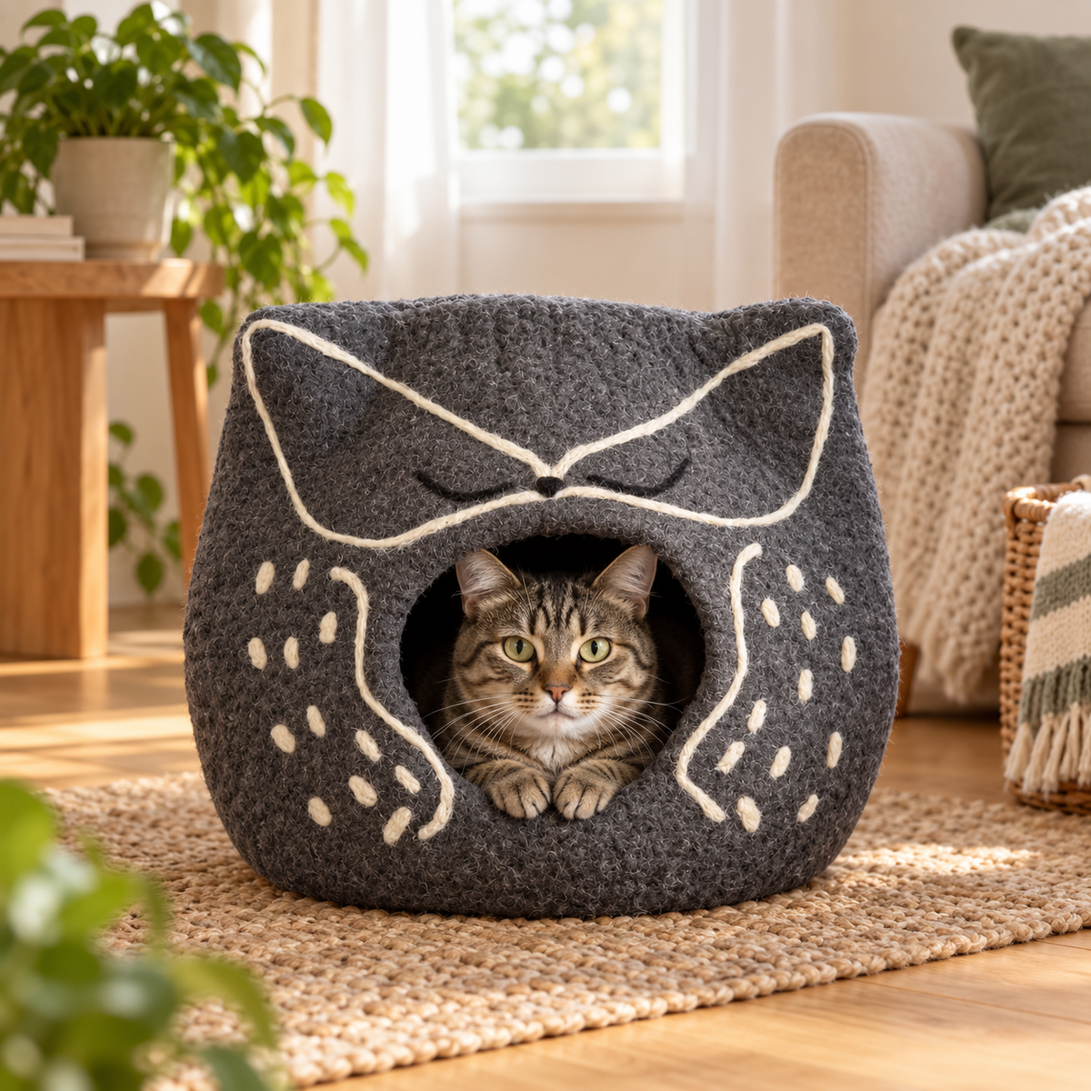 Gray Owl felt cat cave with cat inside