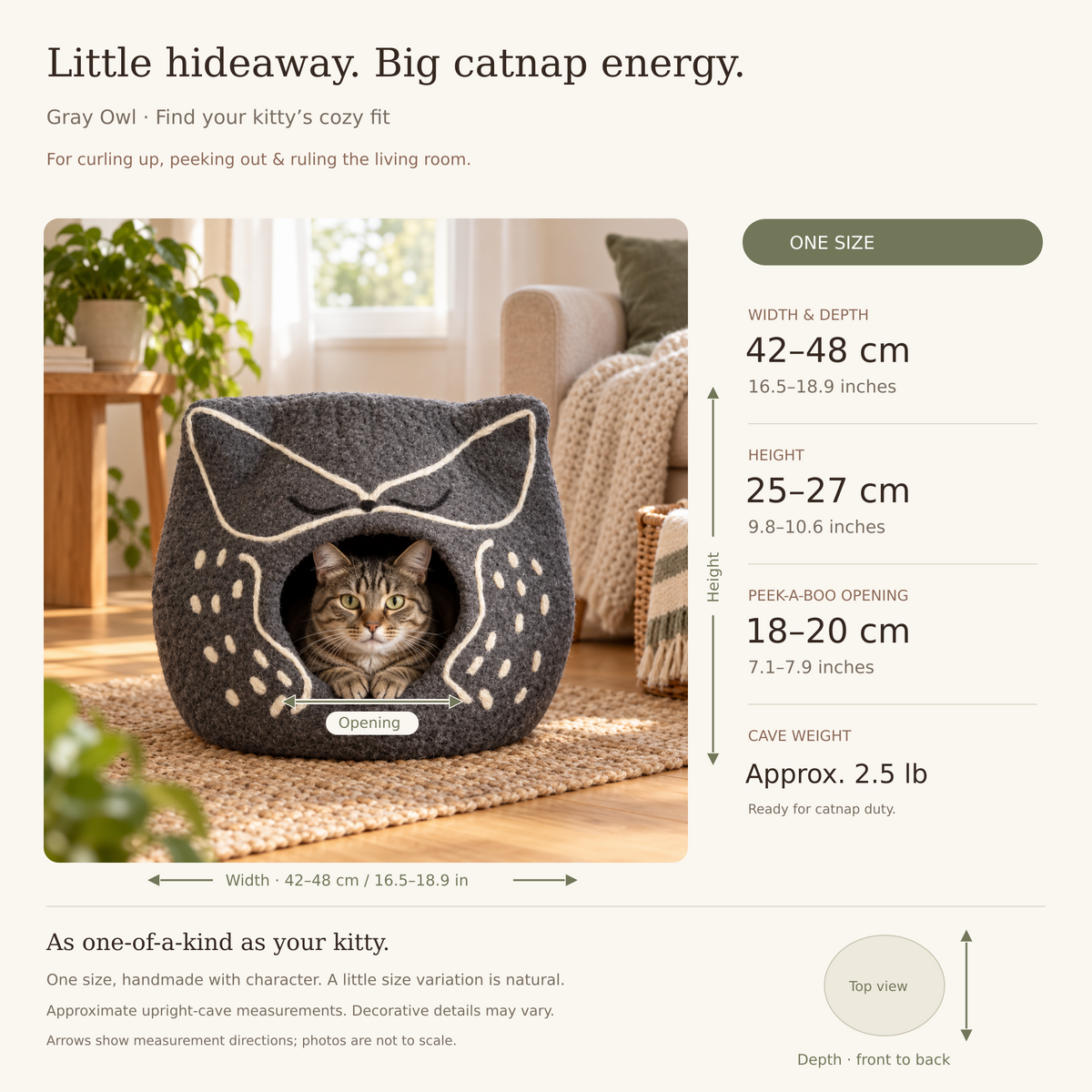 Gray Owl cat cave measurement guide