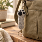 Handmade felt Gray Paw keychain displayed on a bag