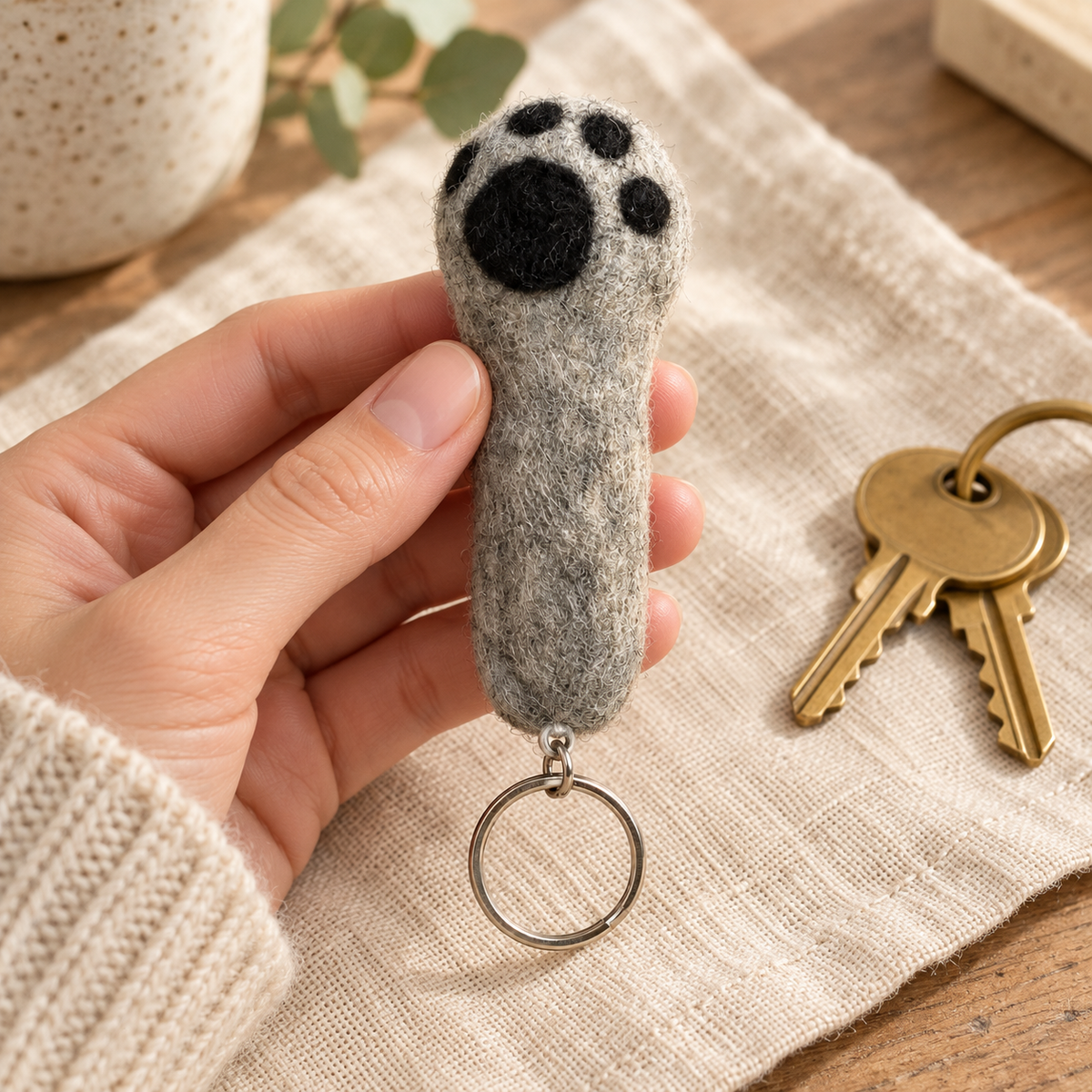 Handmade felt Gray Paw keychain shown in a lifestyle setting
