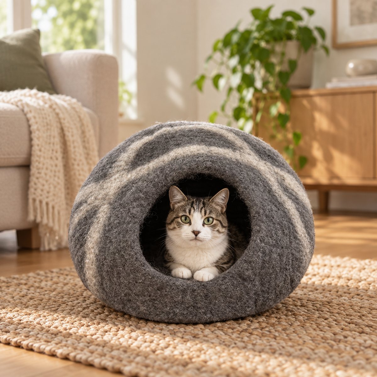 Gray & White Striped felt cat cave with cat inside