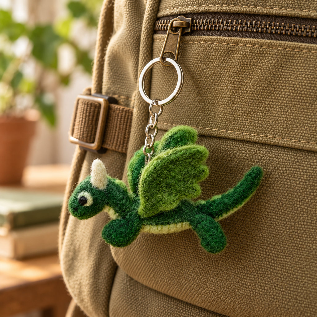 Handmade felt Green Dragon keychain displayed on a bag