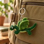 Handmade felt Green Dragon keychain displayed on a bag