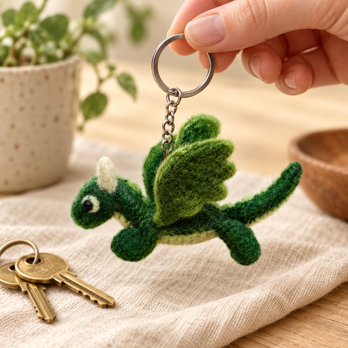 Handmade felt Green Dragon keychain shown in a lifestyle setting
