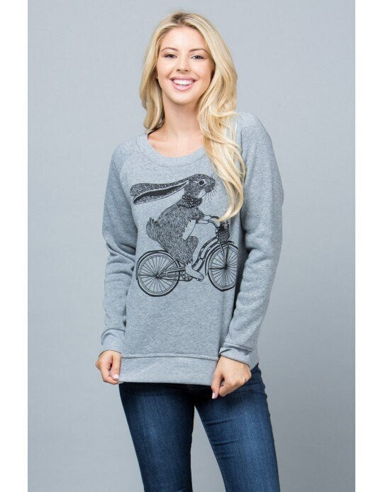 Bunny on Bike Sweatshirt: Women's Fleece Crewneck, Easter Gift