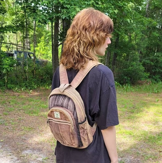 Rusty Hemp Backpack – Fair Trade Vegan Bag, Medium (13"x12") Brown and Green Colors Available