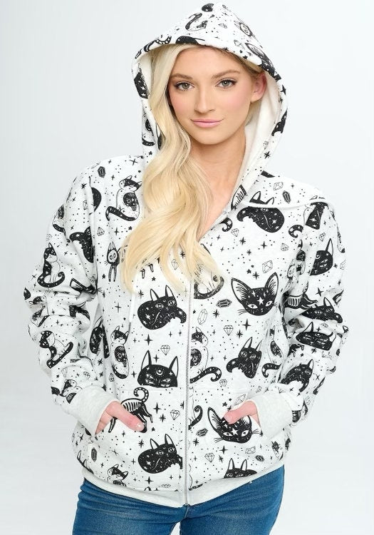 Cat Print Fleece Hoodie: Cat Mom Gift