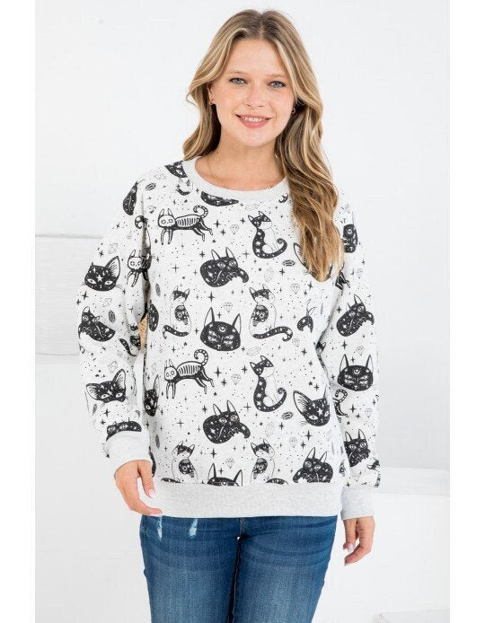 Fun Cat Print Sweatshirt: Fleece Crewneck for Cat Lovers