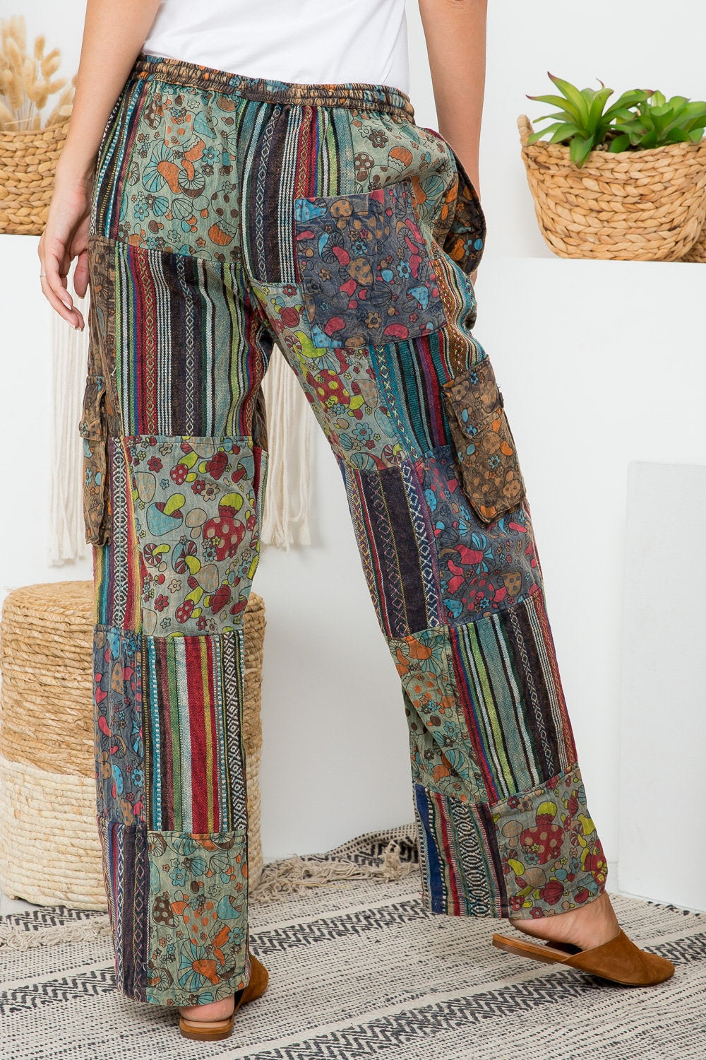 100% Cotton Mushroom Patchwork Pant with 5 Pockets | Unisex Cargo Pants | S/M, M/L | Made in Nepal