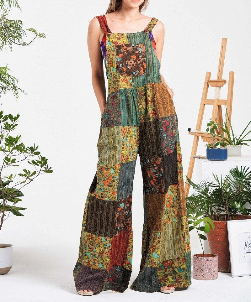 100% Cotton Mushroom Print Unique One of a Kind Patchwork Unisex Overalls | One Size Fits All | S, M, L, XL | 3 Adjustable Lengths