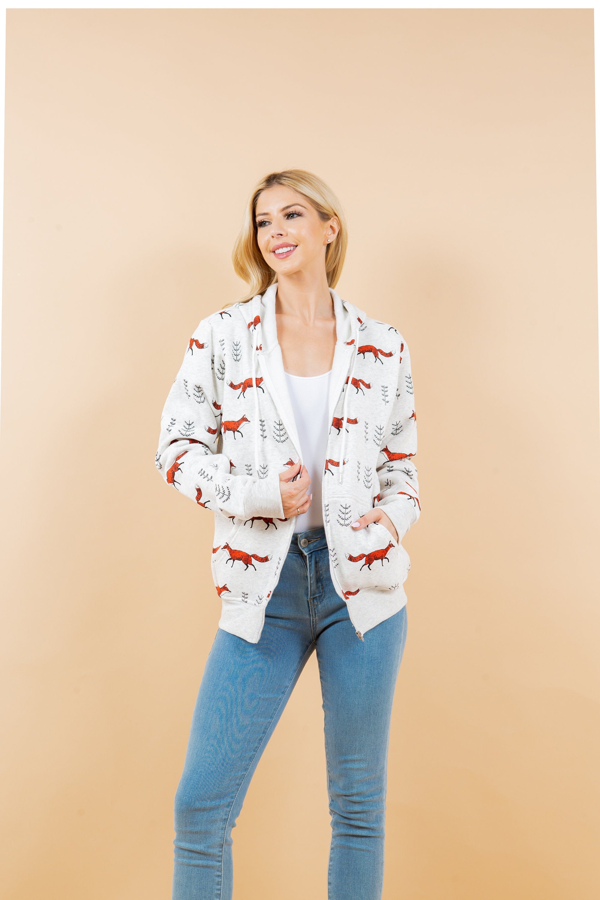 Fox Print Fleece Hoodie: Women's Cotton-Blend Animal Zippered Sweatshirt